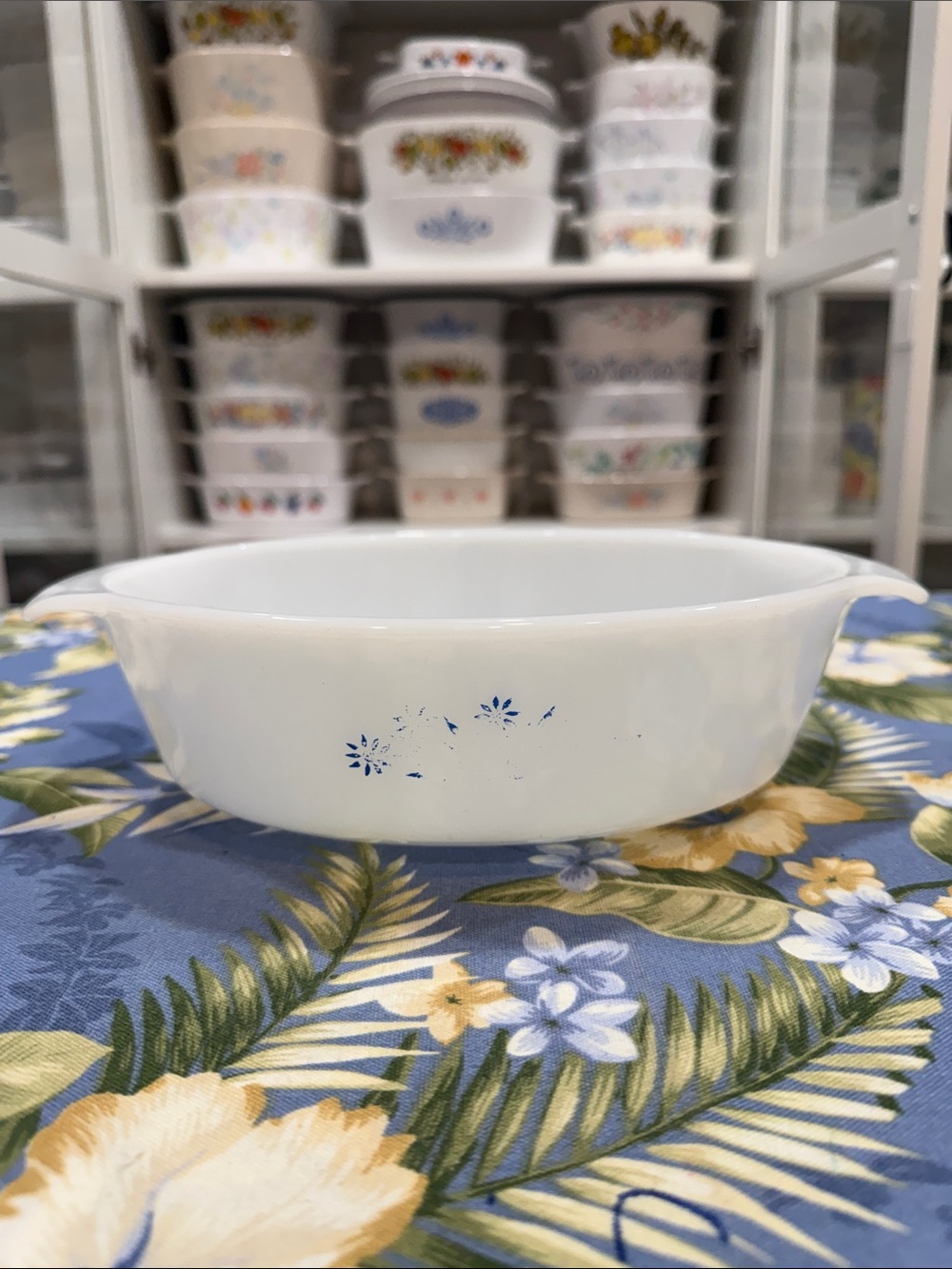 Fire King White Casserole Dish with Blue Floral Detail